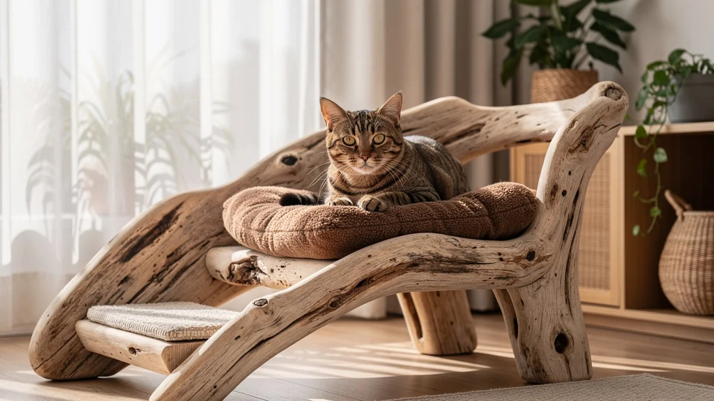 Arbre à chat en bois flotté naturel avec marches larges pour vieux chats, alliant confort et écologie
