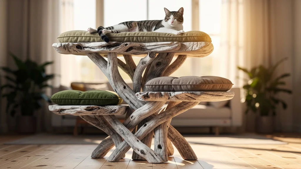 Arbre à chat en bois flotté naturel avec coussins confortables dans un salon lumineux et écologique