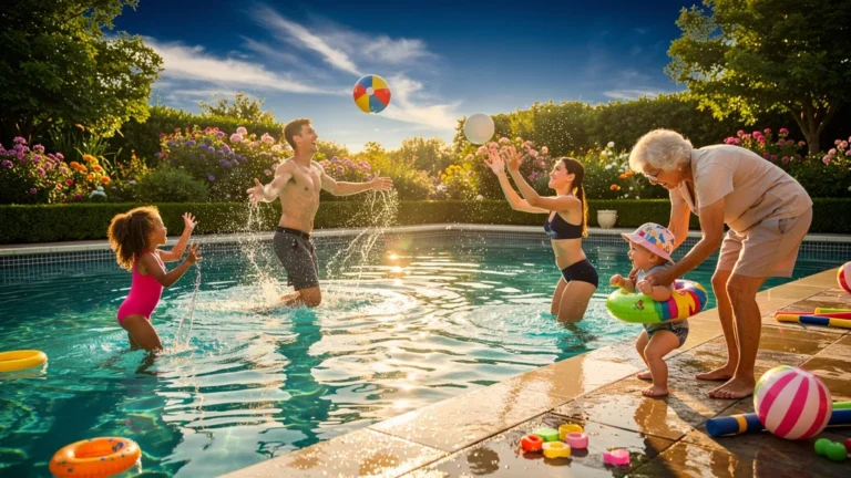 Jeux dans la piscine pour tous âges : activités ludiques et sécurisées en plein air sous un soleil d'été
