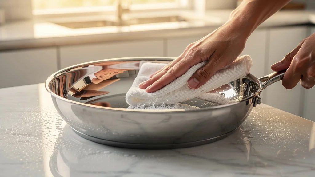 Nettoyer poêle inox brillant avec chiffon doux pour entretien facile et durable