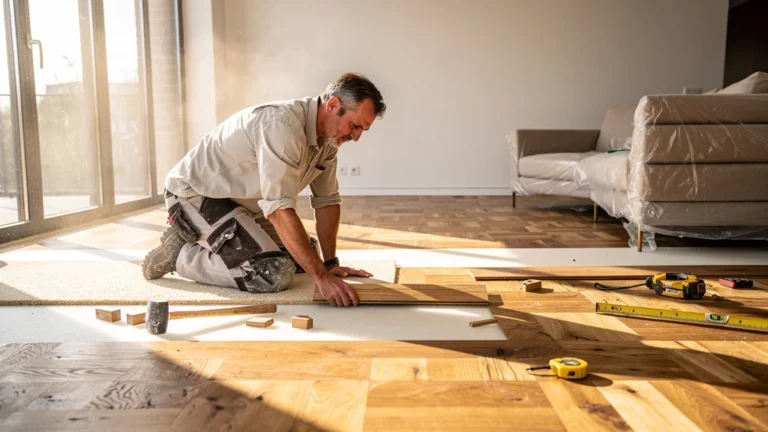 Installation de parquet contrecollé en cours dans un intérieur moderne lumineux, pose réussie détaillée