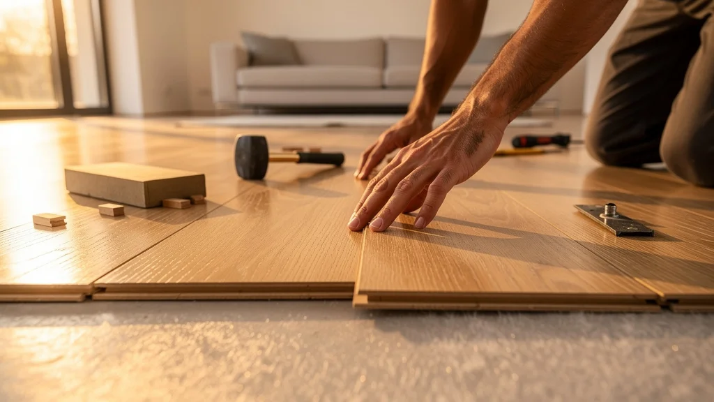 Installation de parquet contrecollé en pose flottante dans un salon moderne, finition bois clair naturelle