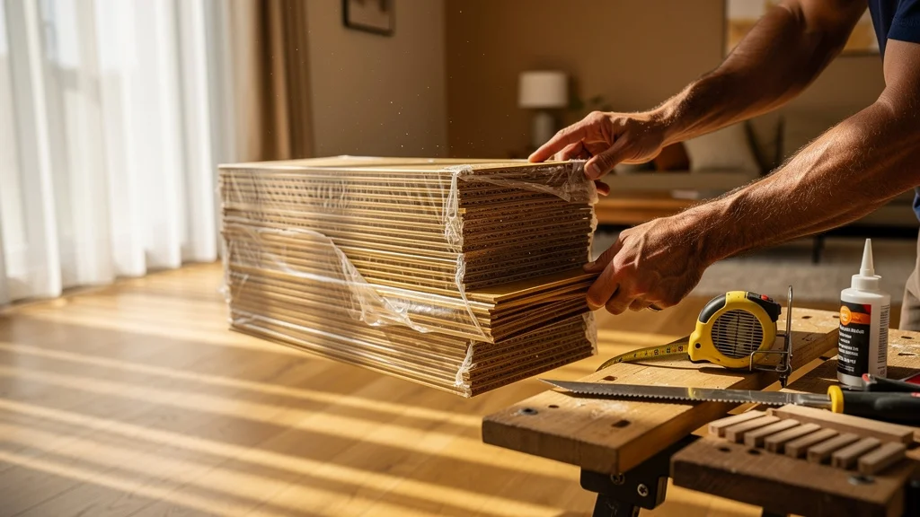 Installation de parquet contrecollé avec paquets acclimatation et outils avant pose dans pièce lumineuse