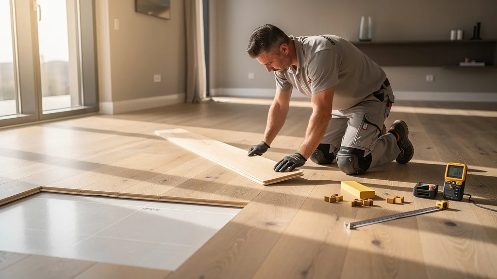 Installation professionnelle de parquet contrecollé avec pose conforme aux normes d’humidité et support plat