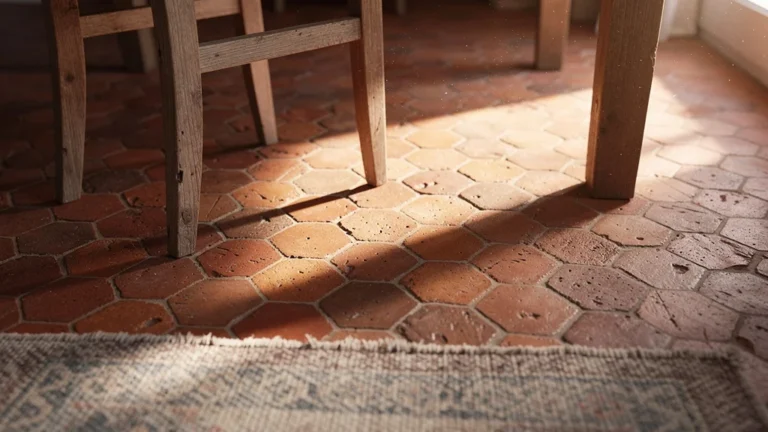 Sol en tomette en terre cuite authentique au rendu réaliste, motifs diagonaux et ambiance chaleureuse intérieure