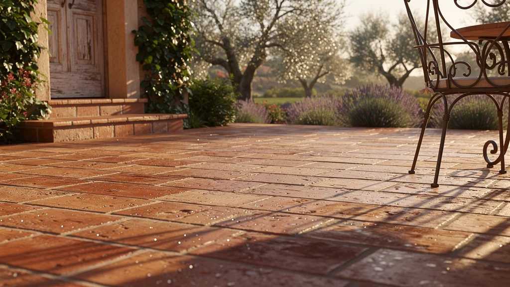 Terrasse extérieure en sol en tomette terre cuite authentique, traitée hydrofuge, sous lumière dorée naturelle