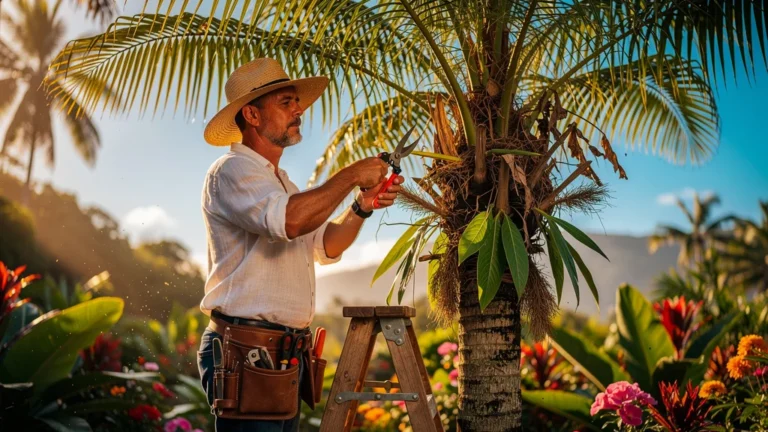 Jardinier taillant un palmier en plein soleil pour préserver la santé de l'arbre, scène hyper-réaliste