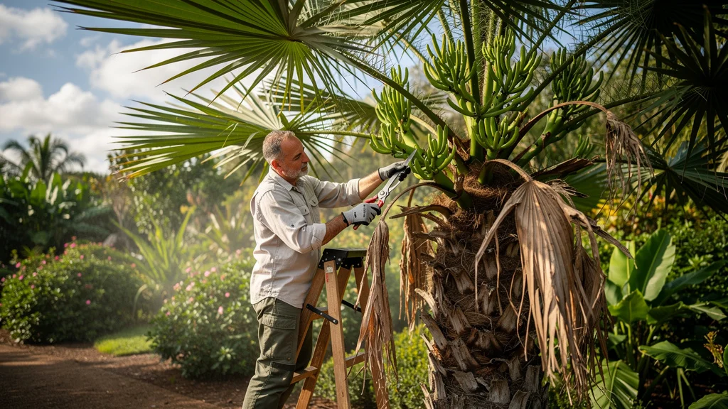 Jardinier taillant un palmier au printemps pour préserver sa santé et favoriser la croissance