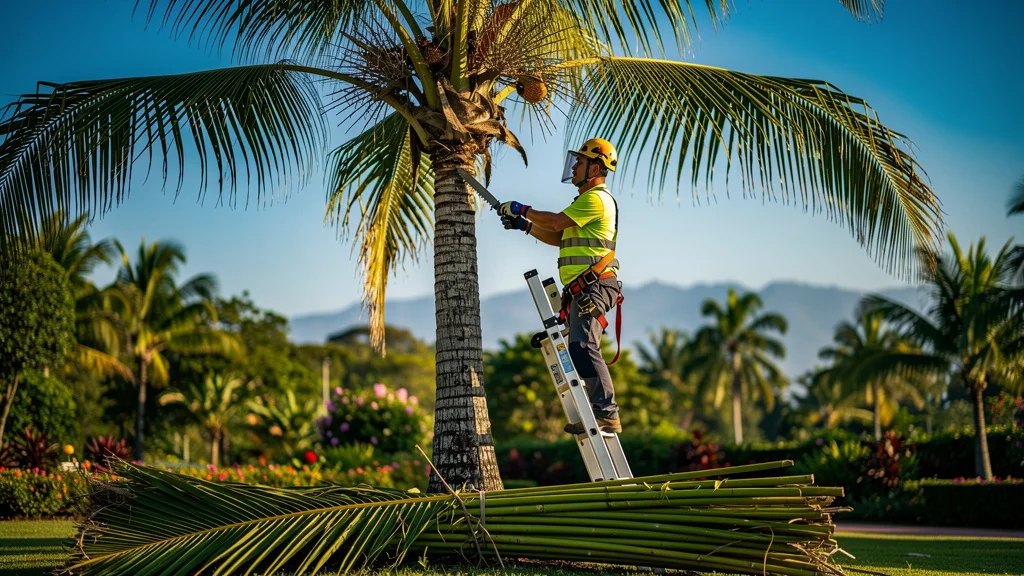 Arboriste taillant un palmier en toute sécurité avec matériel professionnel pour préserver la santé de l’arbre