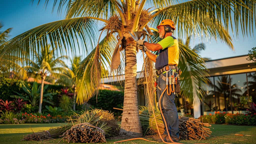 Arboriste taillant un palmier avec soin pour préserver sa santé dans un jardin soigné et sécurisé