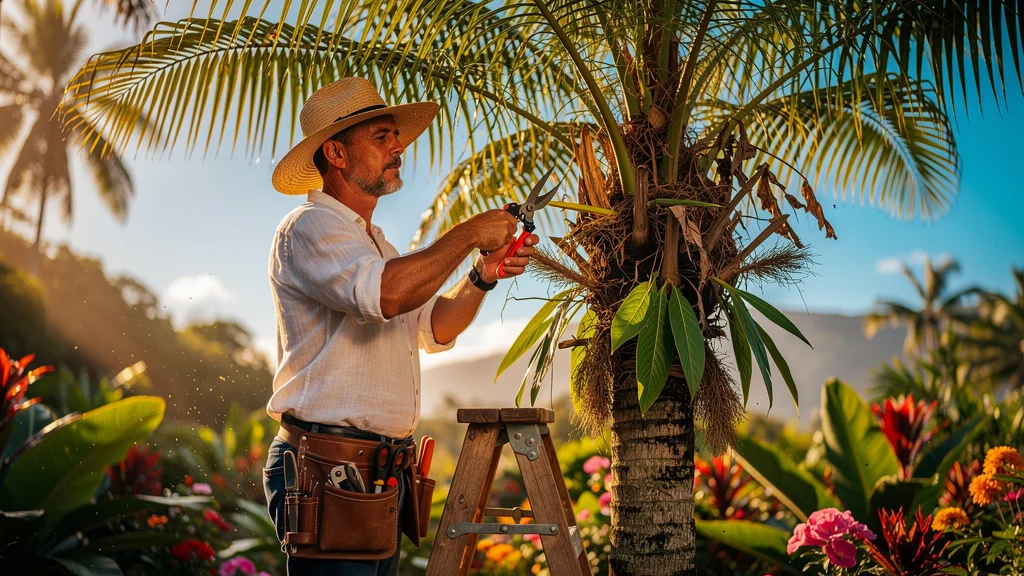 Jardinier taillant un palmier en plein soleil pour préserver la santé de l'arbre, scène hyper-réaliste