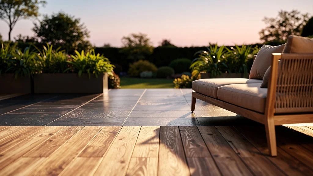 Terrasse élégante en bois naturel et carrelage extérieur imitation bois pour un design durable et harmonieux