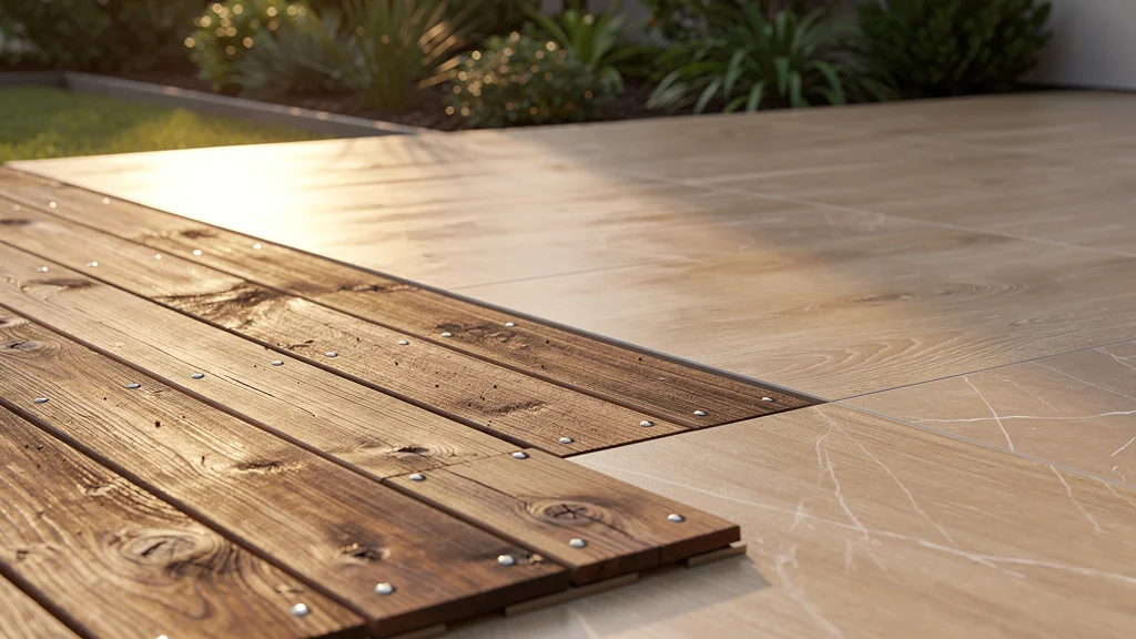 Terrasse bois et carrelage extérieur élégante avec lames en bois et carrelage imitation bois, installation durable