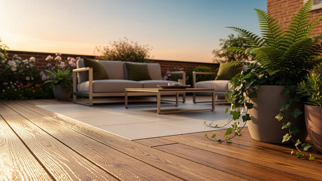 Terrasse bois et carrelage élégante en extérieur, mariage réussi et durable des matériaux naturels