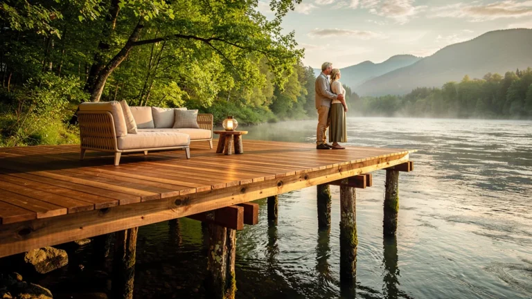 Terrasse en bois sur pilotis élégante au bord de l'eau en lumière dorée, guide complet projet terrasse