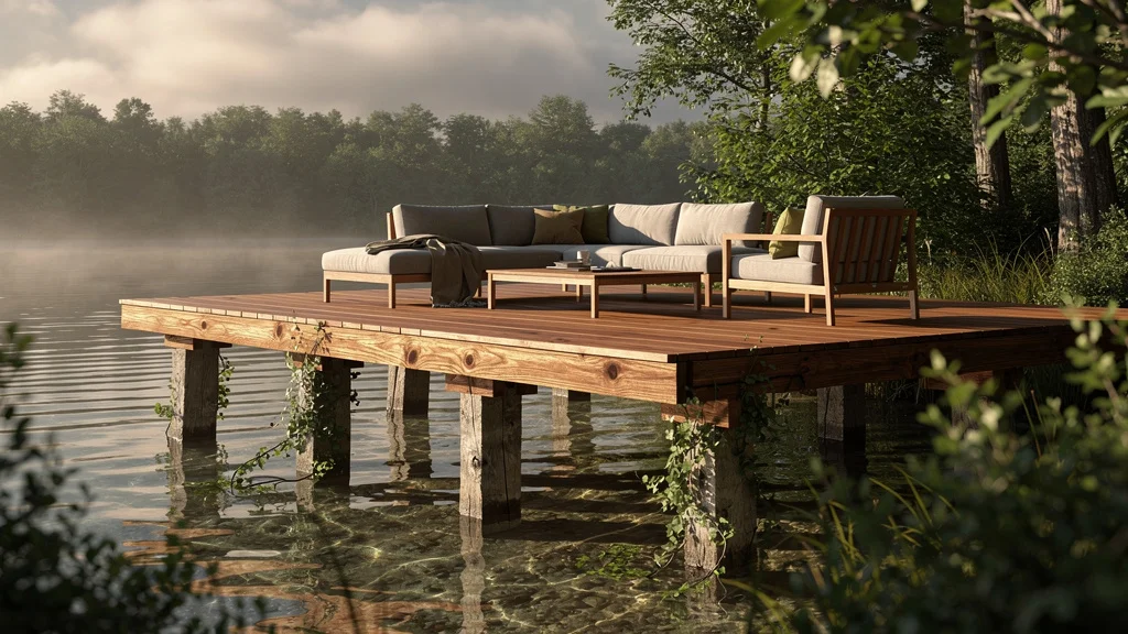 Terrasse en bois sur pilotis élégante et solide intégrée dans un paysage naturel paisible