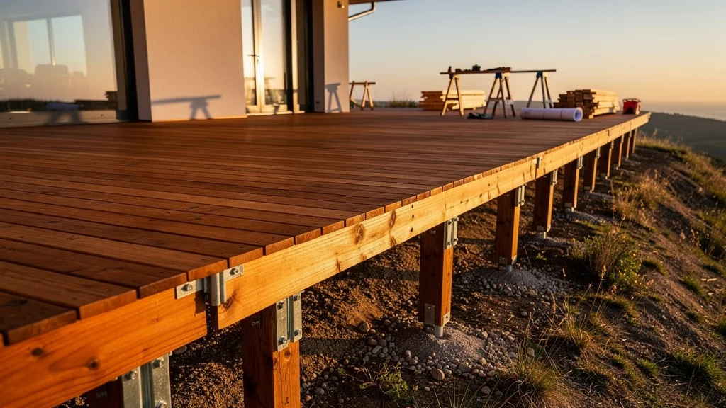 Terrasse en bois sur pilotis sur terrain en pente avec maison moderne, bois détaillé et lumière naturelle