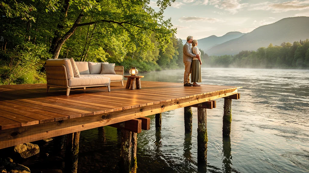 Terrasse en bois sur pilotis élégante au bord de l'eau en lumière dorée, guide complet projet terrasse